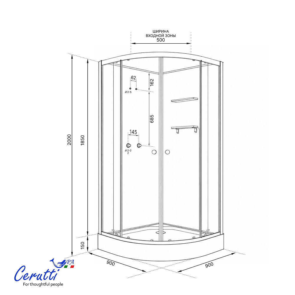 Душевая кабина Ceruttispa БЕРНИНА (BERNINA) 91 (90x90x200) с душевой системой ДЕЦИО (DECIO)