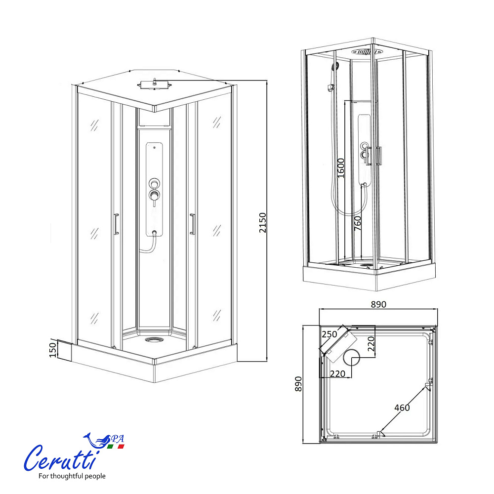 Душевая кабина Ceruttispa АМИ (AMI) Quadro GG (90х90х215)