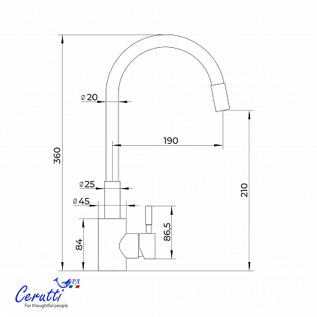 Cмеситель для кухни Ceruttispa АТЭНА GG-G (ATENA GG-G) из нержавеющей стали, цвет графит, излив серый