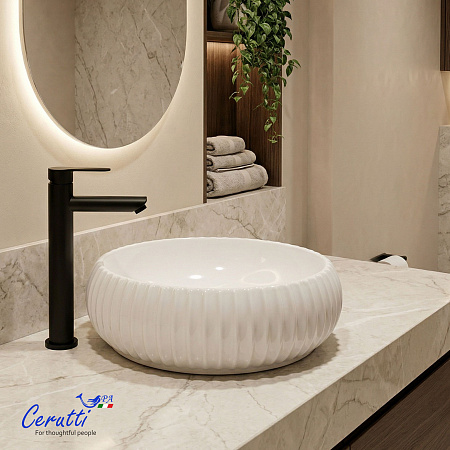 Раковина накладная Ceruttispa CR0007 (405х405х130) белая, круглая, ребристая