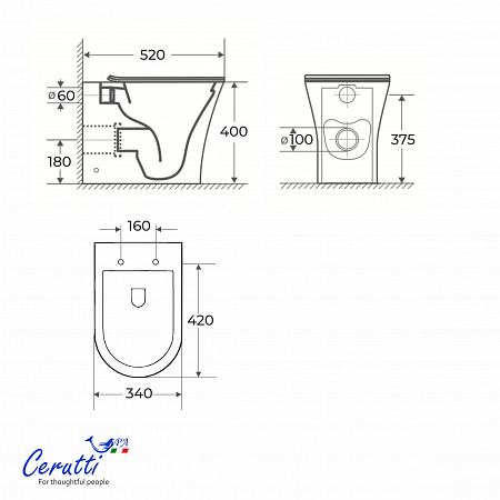 Унитаз приставной Ceruttispa БЕРНИНА (BERNINA) F CT7842 безободковый (520х340х400)