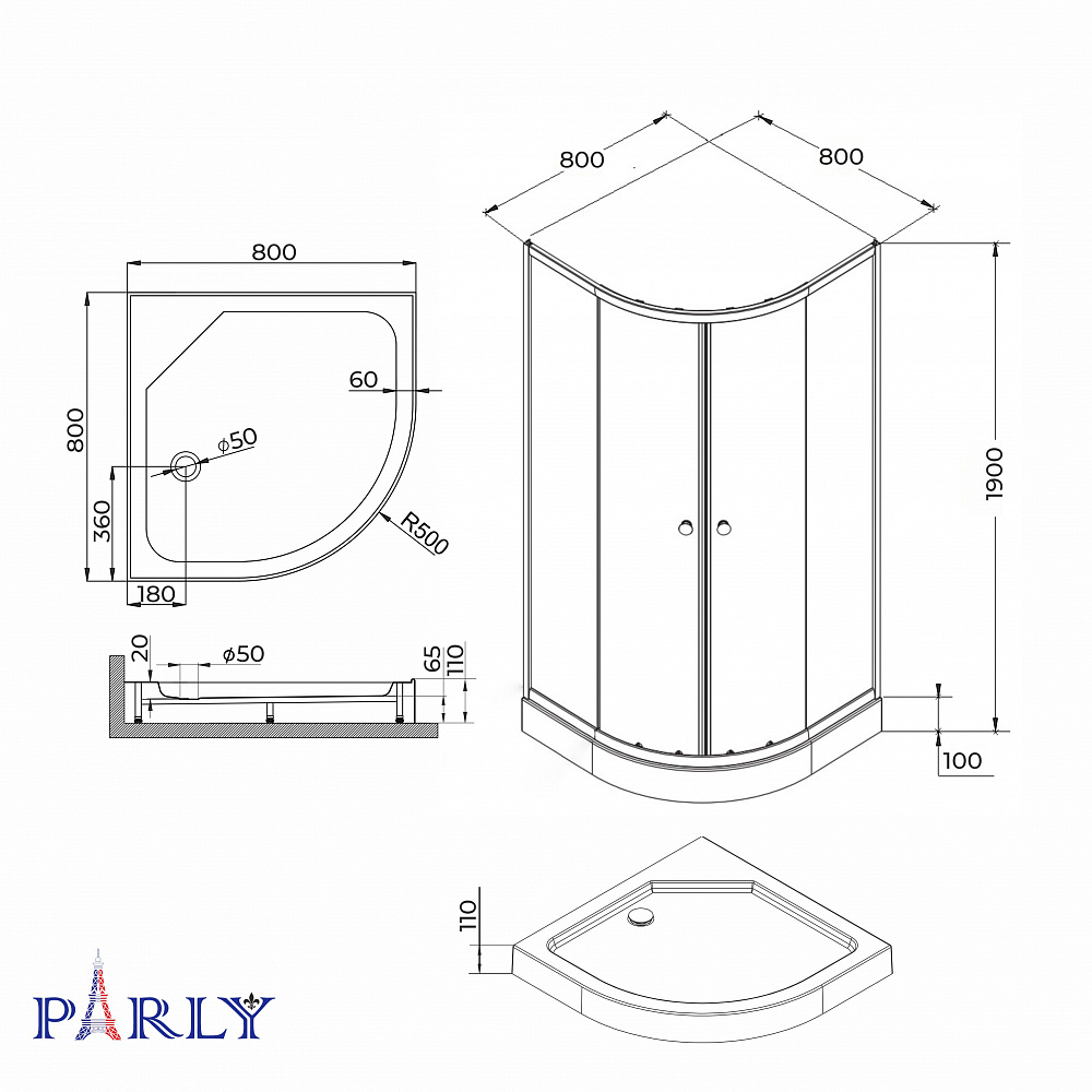 Душевой уголок с поддоном PARLY ZF81N (80х80х190)