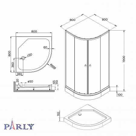 Душевой уголок с поддоном PARLY ZF81BN (80х80х193)
