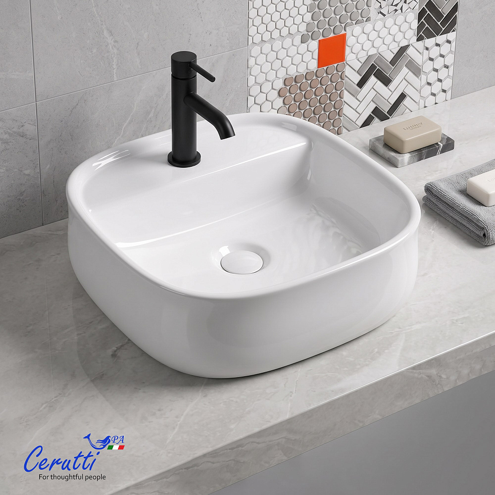 Раковина накладная Ceruttispa CR9023 (415х415х140) белая, квадратная, с отверстием под смеситель