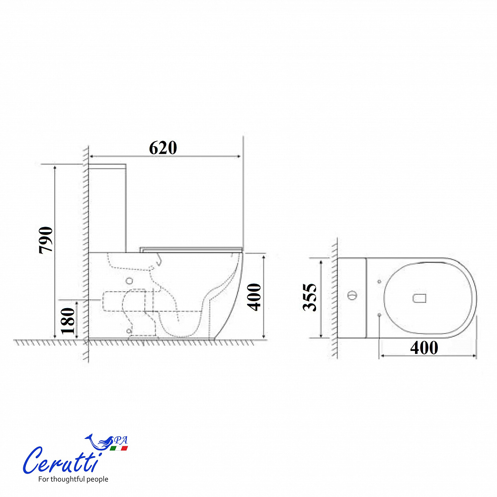 Унитаз напольный Ceruttispa МИРКО (MIRKO) Tornado CT11090 безободковый (620х355х790) 