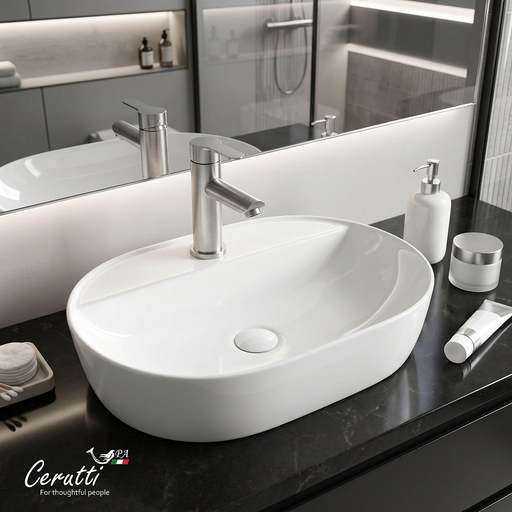Раковина накладная Ceruttispa CR0074 (600х400х120) белая, овальная, с отверстием под смеситель