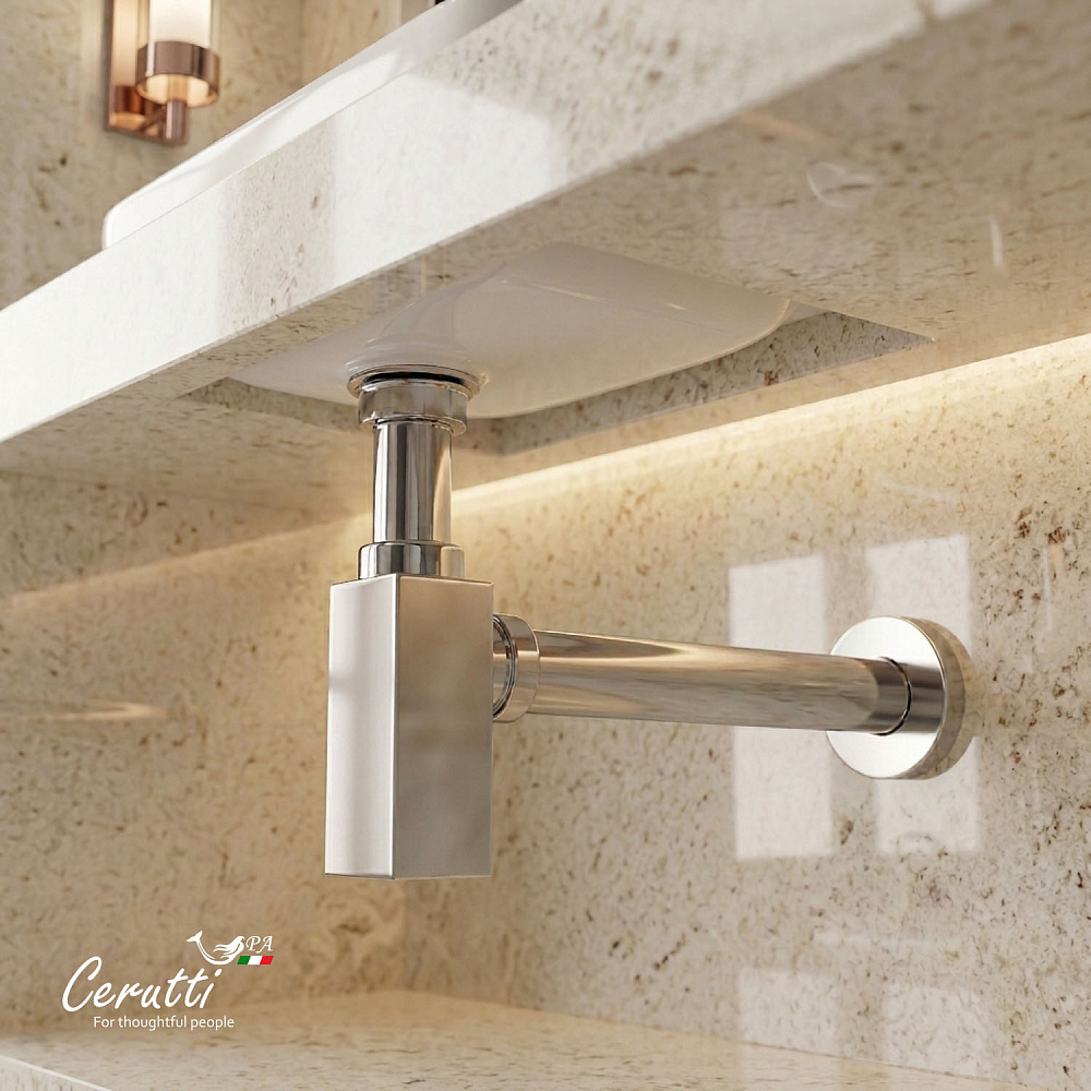 Сифон для раковины Ceruttispa CT1018 из нержавеющей стали, квадратный, цвет хром, с горизонтальным выпуском, регулируемой верхней частью