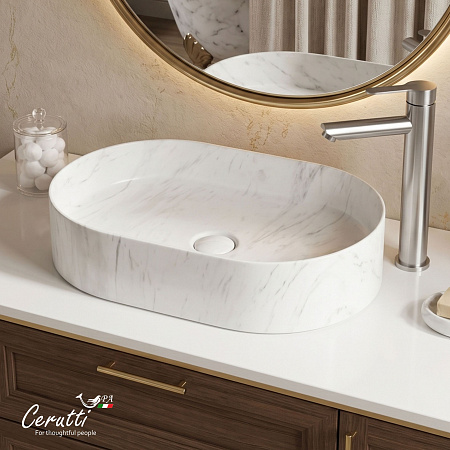 Раковина накладная Ceruttispa CR0055B MMW1 (500х350х120) мрамор матовый белый, овальная