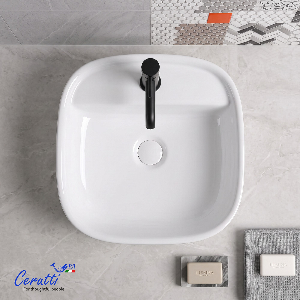 Раковина накладная Ceruttispa CR9023 (415х415х140) белая, квадратная, с отверстием под смеситель